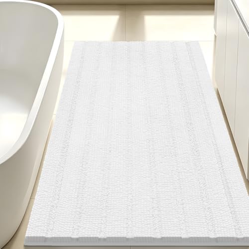 Bcoimo Bath Rug Mat,White Chenille High Absorbent Long Bathroom Runner Rugs