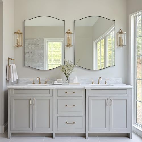 ANDY STAR Rectangle Scalloped Mirror, 30"x40" Brushed Nickel Bathroom Mirror in SUS304 Stainless Steel Metal Frame, Large Silver Vanity Mirror with Unique Arched Top Design