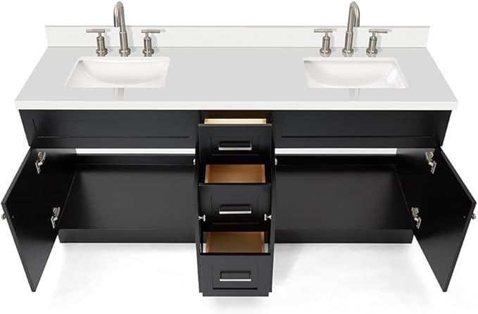 ARIEL Hamlet 72-inch Bathroom Vanity with Sink,Solid Wood, 1.5-inch Pure White Quartz Countertop & Backsplash, Double Rectangular Porcelain Sink, 4 Soft Closing Doors, 3 Dovetail Drawers, Black