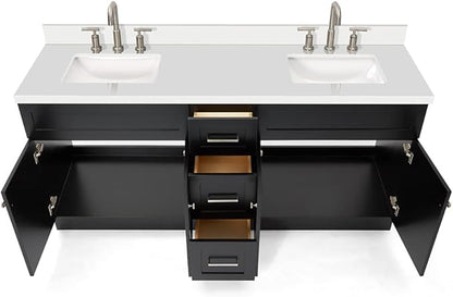 ARIEL Hamlet 72-inch Bathroom Vanity with Sink,Solid Wood, 1.5-inch Pure White Quartz Countertop & Backsplash, Double Rectangular Porcelain Sink, 4 Soft Closing Doors, 3 Dovetail Drawers, Black