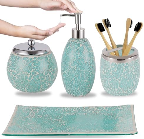 Escenzy Turquoise Bathroom Accessories Set 4 Pcs | Handcrafted Mosaic Glass Soap Dispenser, Toothbrush Holder, Cotton Swab Jar, Vanity Tray | Luxury Coastal Boho Bathroom Decor