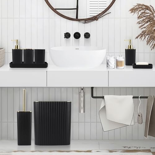 XLHOMO Bathroom Set with Shower Curtain and Rugs- 25PC Bathroom Accessory Set, Black Shower Curtain Set, Toilet Brush, Trash Can, Qtip Holder & Soap Dispenser