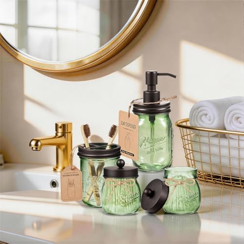 Amolliar Mason Jar Bathroom Accessories Set, 4 Pcs Green Glass Bathroom Set