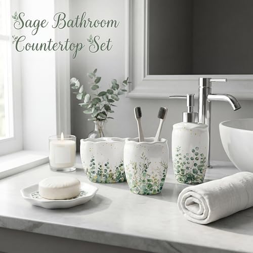 Newtay Sage Bathroom Accessories Set 4 Piece, Ceramic Soap Dispenser with Pump, Toothbrush Holder, Tumbler Cup & Soap Dish, Botanical Greenery Countertop Decor, White with Gold Speckles