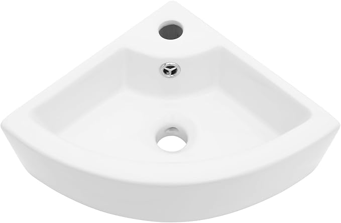 18"x 13" Wall Mount Corner Bathroom Sink White Porcelain Small Vessel Sink | Triangle Floating Wash Hand Basin Small White Porcelain Ceramic Floating Vessel Vanity Sink Wall Hung Bathroom Sink