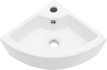 18"x 13" Wall Mount Corner Bathroom Sink White Porcelain Small Vessel Sink | Triangle Floating Wash Hand Basin Small White Porcelain Ceramic Floating Vessel Vanity Sink Wall Hung Bathroom Sink
