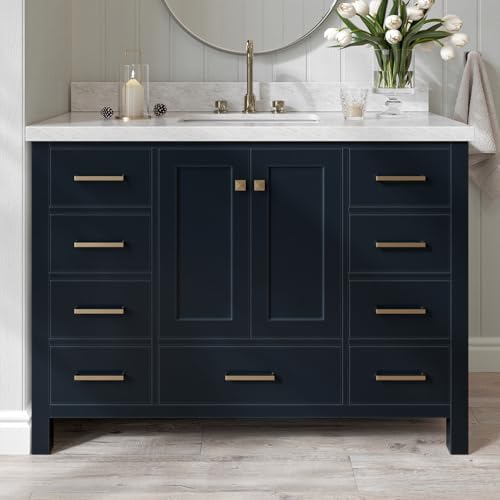 ARIEL Cambridge 48-inch Bathroom Vanity with Sink,Solid Wood, 1.5-inch Italian Carrara Marble Countertop, Single Rectangular Porcelain Sink, 2 Soft Closing Doors, 9 Dovetail Drawers, Midnight Blue