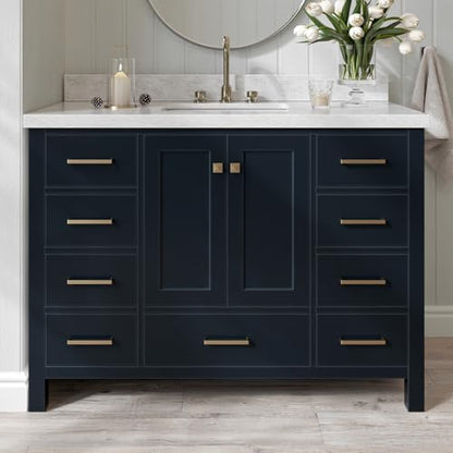 ARIEL Cambridge 48-inch Bathroom Vanity with Sink,Solid Wood, 1.5-inch Italian Carrara Marble Countertop, Single Rectangular Porcelain Sink, 2 Soft Closing Doors, 9 Dovetail Drawers, Midnight Blue