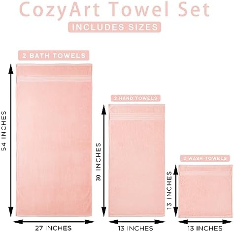 COZYART Luxury Bath Towel Set 6 Pcs, Soft Pink 100% Turkish Cotton 650 GSM