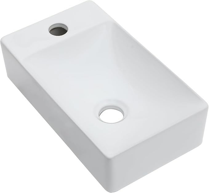 Small Bathroom Sink - 15"x9" Wall Mount Rectangular Ceramic Vessel Sink White Porcelain Floating Vanity Sink for Tiny Bathrooms with Faucet & Drain Combo (Left Hand Bowl Options)