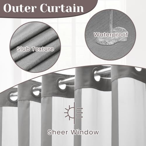 SORTTO No Hook Slub Shower Curtain with Liner, 36x74, Grey