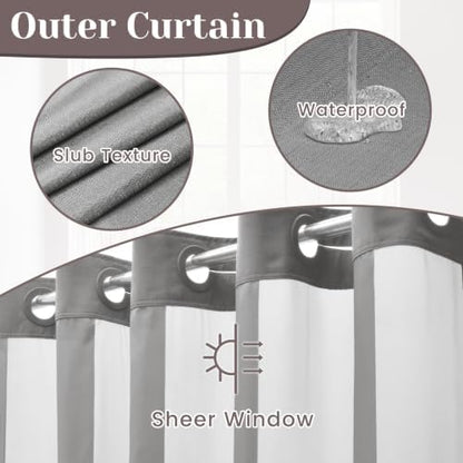 SORTTO No Hook Slub Shower Curtain with Liner, 36x74, Grey