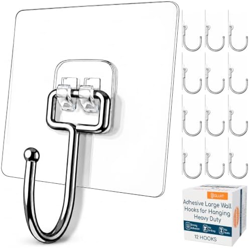 Adhesive Large Wall Hooks for Hanging Heavy Duty No Drill, 22 lbs, 12 pcs