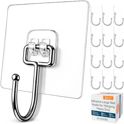 Adhesive Large Wall Hooks for Hanging Heavy Duty No Drill, 22 lbs, 12 pcs
