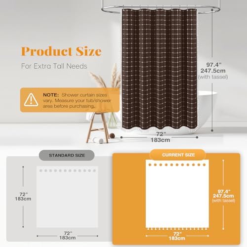 BTTN Extra Long Boho Linen Heavy Duty Fabric Shower Curtain, 72x96, Brown
