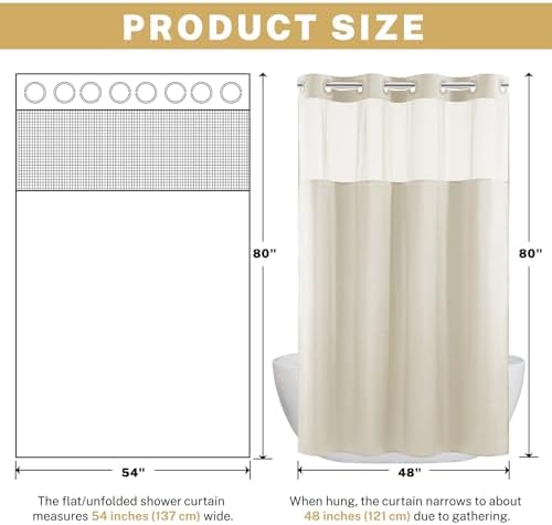 WONICY No Hook Stall Shower Curtain with Snap-in Liner, Cream, 54 x 80