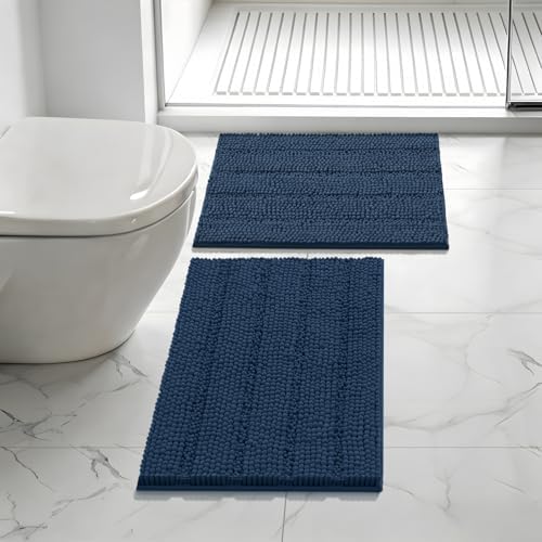 Bcoimo Bath Rug Mat Sets, 2 Piece High Absorbent Chenille Bathroom Mat Navy