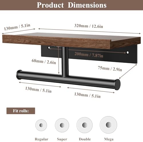 Tindbea Double Toilet Paper Holder with Wood Shelf, Wooden Wall Mount Toilet Paper Roll Holder, Matte Black Stainless Steel Bathroom Toilet Tissue Holder (Walnut)