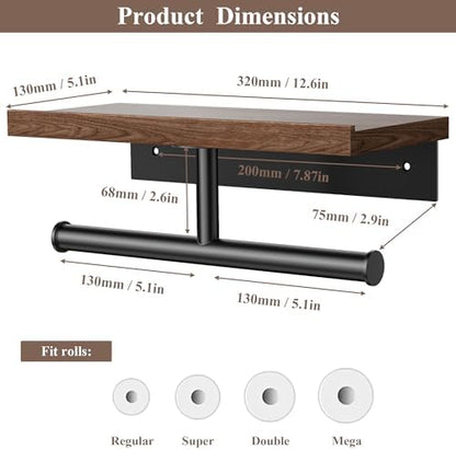 Tindbea Double Toilet Paper Holder with Wood Shelf, Wooden Wall Mount Toilet Paper Roll Holder, Matte Black Stainless Steel Bathroom Toilet Tissue Holder (Walnut)