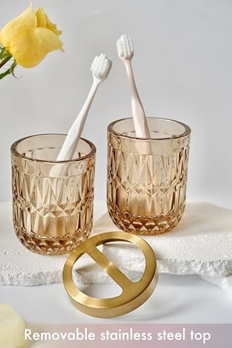 LaMarriti Brown Bathroom Accessories Set, 5Pcs Glass Bathroom Set, Soap Dispenser and Toothbrush Holder Set, Soap Dish, Qtips Holder, Tumbler for Crystal Vintage Bathroom Decor