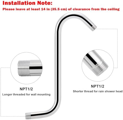 NearMoon S Shaped Shower Head Riser Arm, Shower Extender Arm with Flange, Standard 1/2" Connection- Bathroom Accessory (12 Inch, Chrome)