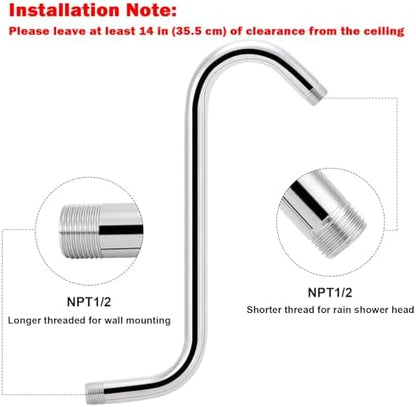 NearMoon S Shaped Shower Head Riser Arm, Shower Extender Arm with Flange, Standard 1/2" Connection- Bathroom Accessory (12 Inch, Chrome)