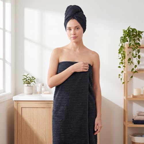 REDKISS Black Bath Towels Set 6 Piece - Microfiber Bathroom Towels of 6 Large, Highly Absorbent Bath Towel, Soft Shower Towel for Bathroom, Hotel 2 Bath Sheet 2 Hand Towel 2 Washcloths
