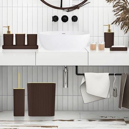 XLHOMO Bathroom Accessories Set - Gorgeous Bathroom Set, 10PC Brown Bathroom Accessories, Bathroom Accessory Set, Toilet Brush, Trash Can, Qtip Holder Dispenser & Soap Dispenser