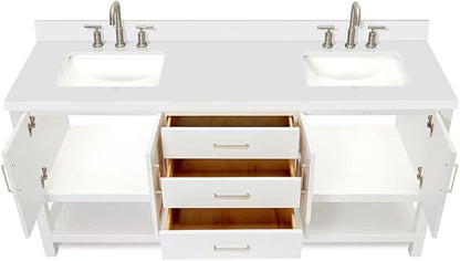 DKB Olivia 72" White Double Bathroom Vanity, 1.5" Pure White Quartz Countertop, Rectangular Undermount Sinks, 4 Soft Closing Doors, 3 Dovetail Drawers, Open Shelf, Brushed Nickel