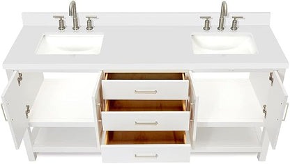ARIEL Magnolia 72-inch Bathroom Vanity with Sink,Solid Wood, 1.5-inch Pure White Quartz Countertop & Backsplash, Double Rectangular Porcelain Sink, 4 Soft Closing Doors, 3 Dovetail Drawers, White