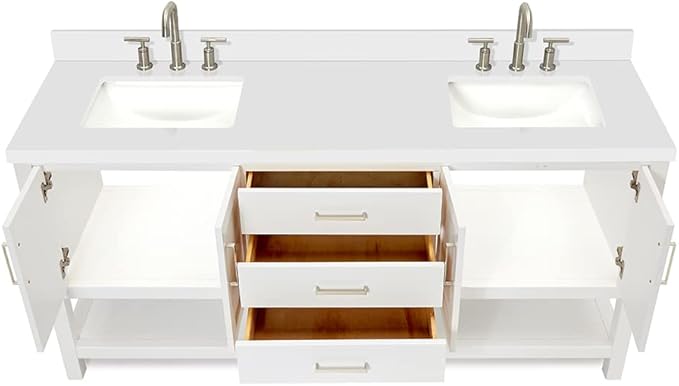 ARIEL Magnolia 72-inch Bathroom Vanity with Sink,Solid Wood, 1.5-inch Pure White Quartz Countertop & Backsplash, Double Rectangular Porcelain Sink, 4 Soft Closing Doors, 3 Dovetail Drawers, White