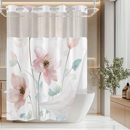 No Hook Shower Curtain and Liner Set, Light Pink Boho Floral 71x84