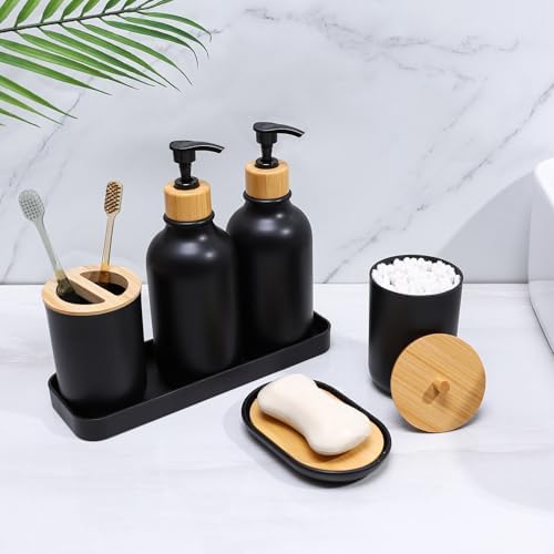 Matte Black Bathroom Accessories Set 7 Pcs,Bamboo Bathroom Accessories Sets,Black Soap Dispenser and Toothbrush Holder Set,Qtip Holder,Vanity Tray,Soap Dish,Modern Bathroom Decor