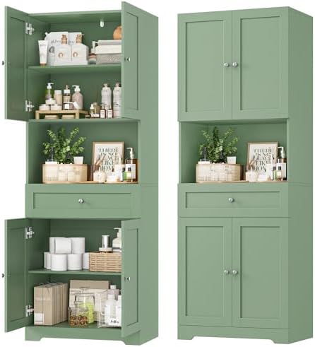 HIFIT Tall Bathroom Storage Cabinet with Drawer, Modern Linen Cabinet,Green