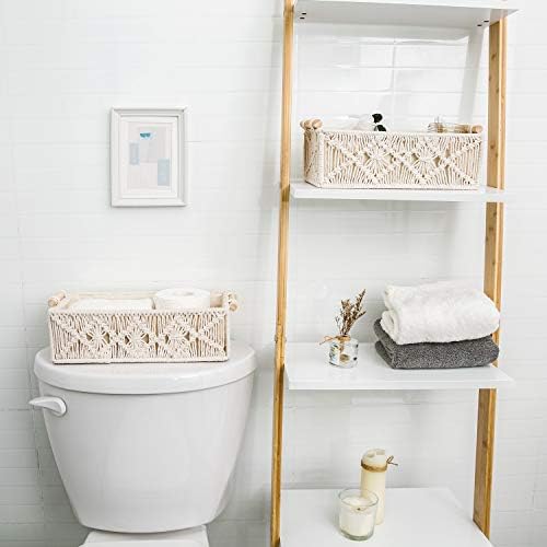 Mkono 2Pc Macrame Storage Basket, Boho Decor Toilet Paper Holder, Ivory