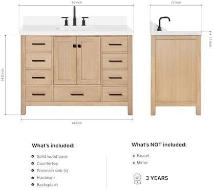 ARIEL Cambridge 48-inch Bathroom Vanity with Sink,Solid Wood, 1.5-inch Pure White Quartz Countertop, Single Rectangular Porcelain Sink, 2 Soft Closing Doors, 9 Dovetail Drawers, White Oak