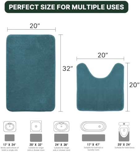 H.VERSAILTEX Bath Mat Memory Foam Flannel Velvety Bathroom Rug Set Luxury Extra Soft and Absorbent Non Slip Rugs (Curved Set 20"x 32" Plus 20"x 20"U, Dark Teal)