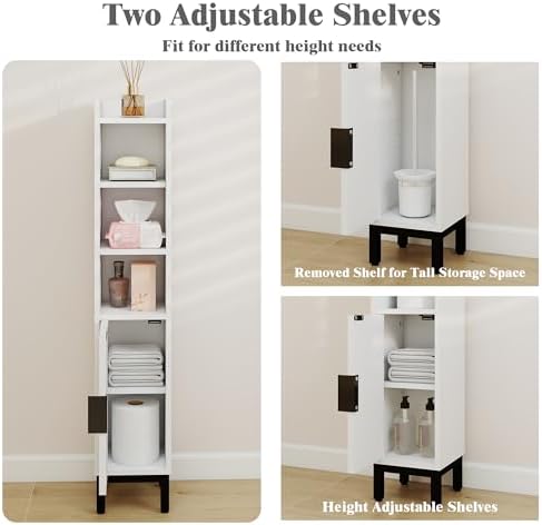 FerniTry Small Bathroom Storage Cabinet, Corner Floor Cabinet with Door and Shelves, Narrow Toilet Paper Cabinet, Bathroom Organizer with Adjustable Shelf for Small Spaces, White, 5-Tier