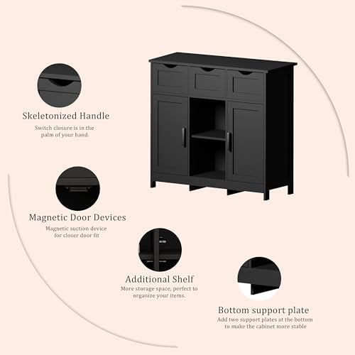 Sideboard Floor Storage Cabinet - Wooden Storage Organizer with 2 Doors and 3 Drawers, Free Standing Accent Buffet Cabinet with Adjustable Shelves for Living Room, Kitchen, Bathroom (Black)