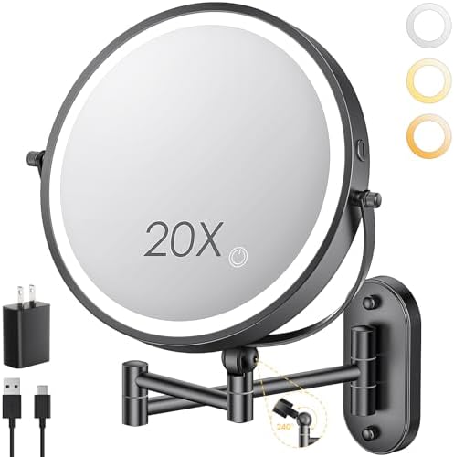 ZLOKLA 9" Wall Mounted Lighted Makeup Mirror,4000mAh Rechargeable Double Sided 1X/20X Magnifying Mirror with Light,Touch Dimmable,Extended Arm 360 Rotation Wall Mounted Makeup Mirror 3 Color Lights-B