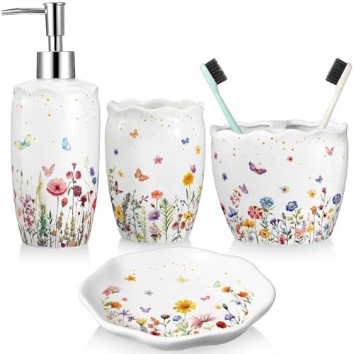 Newtay Ceramic Bathroom Accessories Set of 4, Wildflower Meadow Floral Decor with Butterflies & Gold Speckles, Soap Dispenser Pump, Toothbrush Holder, Tumbler Cup & Soap Dish for Countertop Vanity