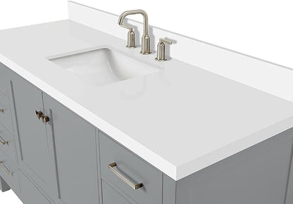 ARIEL Cambridge 60-inch Bathroom Vanity with Sink,Solid Wood, 1.5-inch Pure White Quartz Countertop & Backsplash, Single Rectangular Porcelain Sink, 2 Soft Closing Doors, 9 Dovetail Drawers, Grey