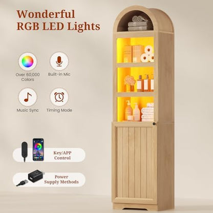UPOSOJA 72" Tall Arched Narrow Bathroom Storage Cabinet with Lights, Slim Storage Cabinet with Adjustable Shelves for Small Spaces, Farmhouse Style (Oak)