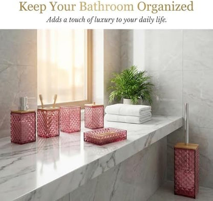 Red Bathroom Accessory Set, 6 PCS Red Bathroom Accessories Set,Soap Dispenser, Toothbrush Holder, Soap Dish, Mouthwash Cup, Cotton Swab Holder and Toilet Brush, Acrylic