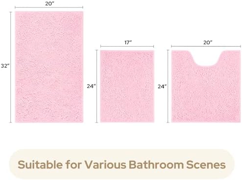 HOMEIDEAS Light Pink Chenille Bathroom Rugs Set of 3, Non Slip Bath Mat