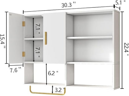 Bathroom Wall Cabinet Wood Large Wall Mounted Medicine Cabinet with 2 Doors and 4 Open Shelves Over Toilet Storage Cabinet Organizer with Towel Bar,White