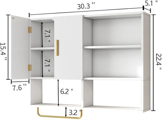 Bathroom Wall Cabinet Wood Large Wall Mounted Medicine Cabinet with 2 Doors and 4 Open Shelves Over Toilet Storage Cabinet Organizer with Towel Bar,White