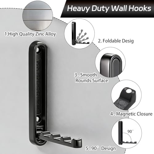 4.33 in Extended Folding Coat Hooks, 2 Pack Black Wall Hooks, Zinc Alloy