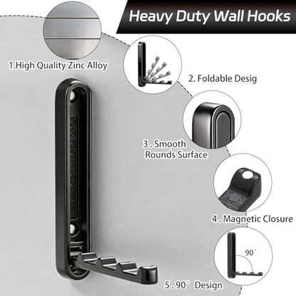 4.33 in Extended Folding Coat Hooks, 2 Pack Black Wall Hooks, Zinc Alloy