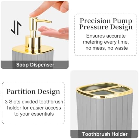 Grey Bathroom Soap Dispenser and Toothbrush Holder for Boho Bathroom Decor
